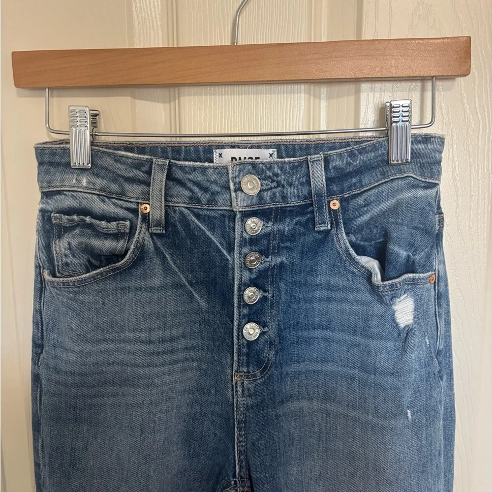 PAIGE Sarah Slim Straight Jeans Effortless Parisian Denim ripped and worn denim